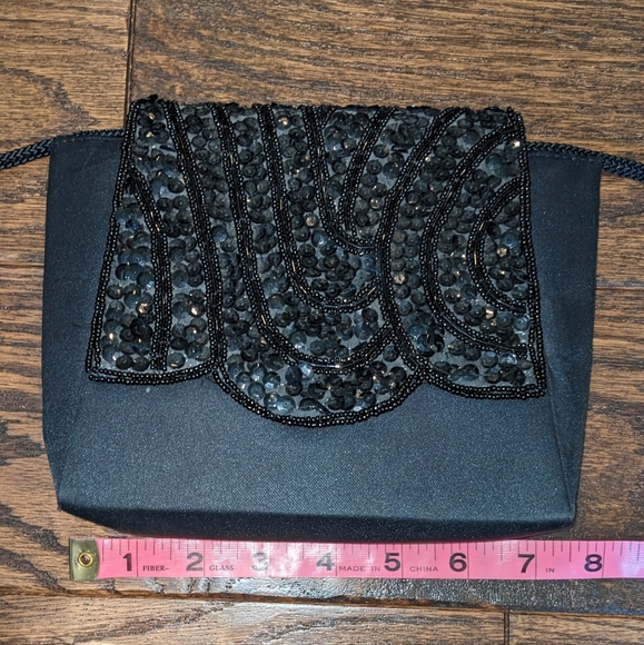 Vintage Evening Bag Mini Crossbody Sequin Black Satin - Picture 5 of 10
